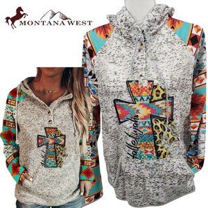 Montana West Aztec Southwest Serape Sleeve Cross Print Hooded Pullover Top NWT